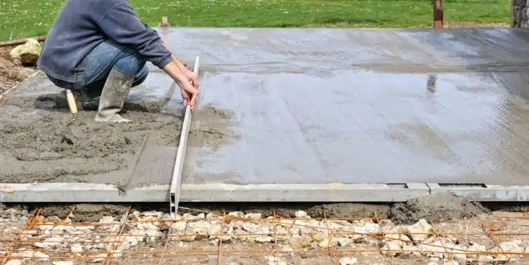 Réalisation d'une dalle en béton : ouvrier en train de lisser le béton après le coulage