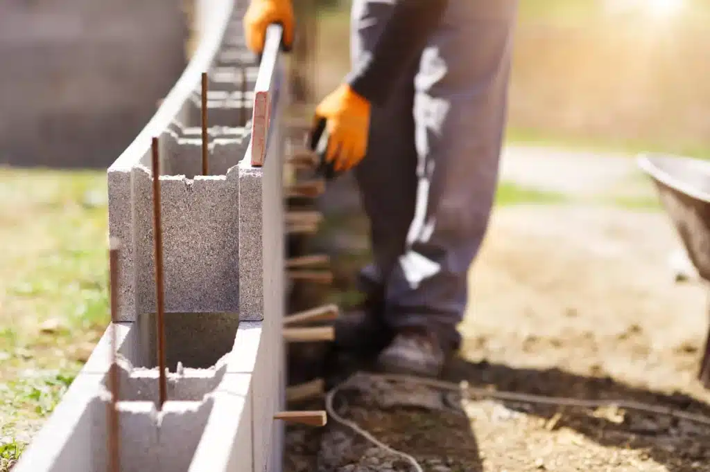 Construction d'un mur en parpaings par un maçon en Charente